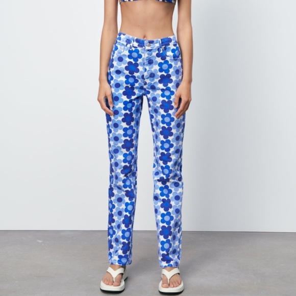 Zara Blue Floral Printed Straight Leg Jeans NWT - Picture 7 of 13